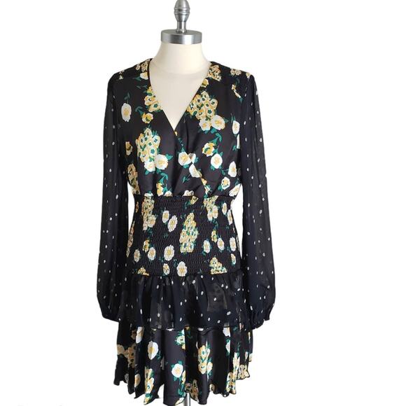 Foxiedox Women's Anemone Black Floral Mixed Print Long Sleeve Mini Dress L smock - Picture 1 of 9